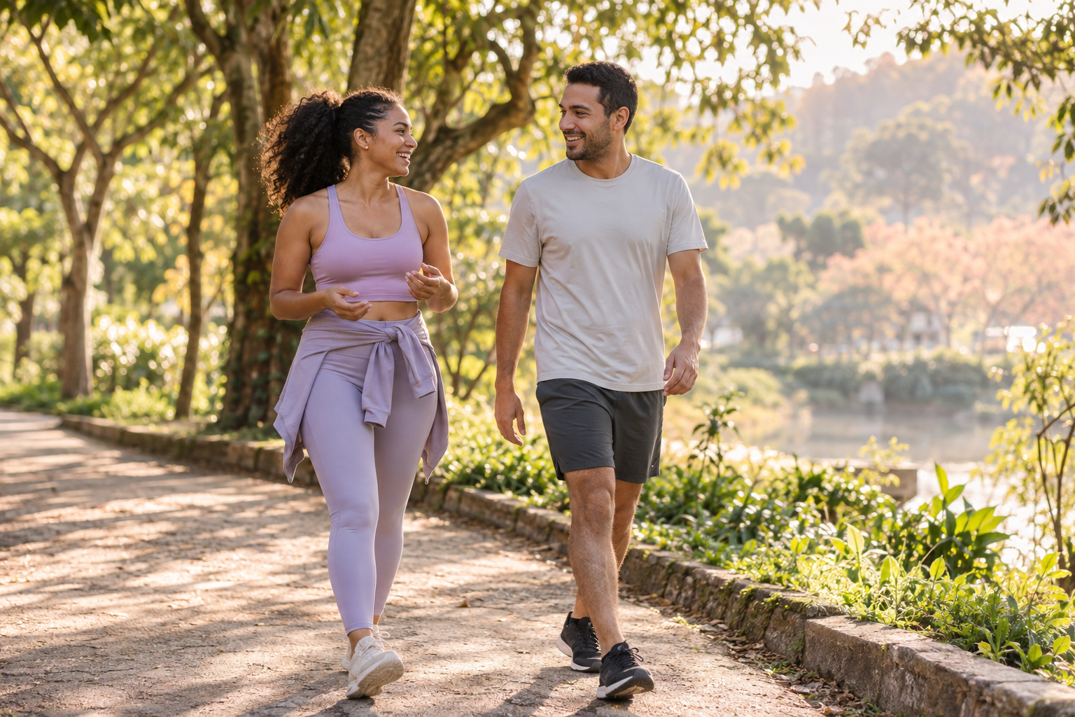 Cena ilustrativa de duas pessoas caminhando em um parque